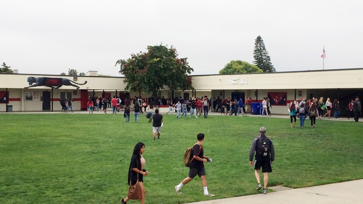 Students walk across a grassy field in front of a school building.