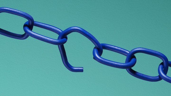 A dark blue chain with one broken link against a light blue background