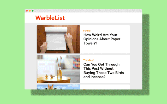 A scrolling list of stock images paired with absurd internet "quizzes"