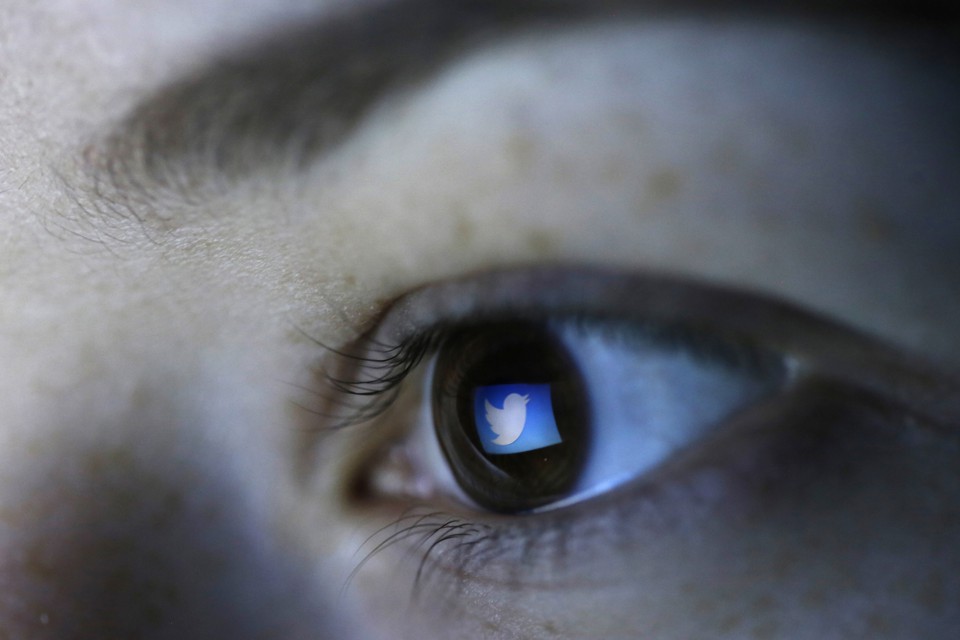 The Twitter logo is reflected in the pupil of a brown eye.