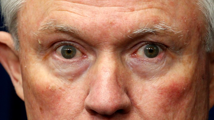 A close-up shot of Jeff Sessions's face