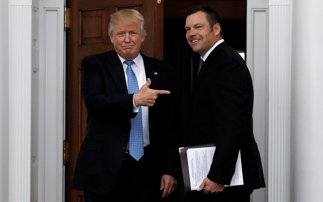 Donald Trump and Kris Kobach meet at Trump National Golf Club in November.