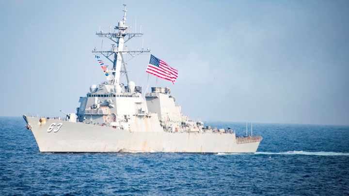The Arleigh Burke-class guided-missile destroyer USS Stethem transits waters east of the Korean peninsula during a photo exercise.
