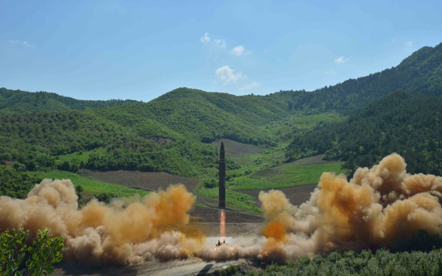 The Hwasong-14 missile is seen during its test launch.