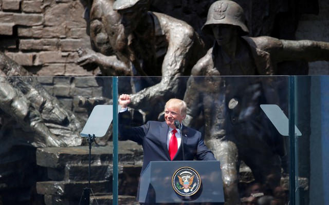 U.S. President Donald Trump gives a public speech in front of the Warsaw Uprising Monument at Krasinski Square, in Warsaw, Poland July 6, 2017.