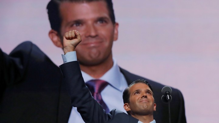 Donald Trump Jr. thrusts his fist after speaking at the 2016 Republican National Convention in Cleveland