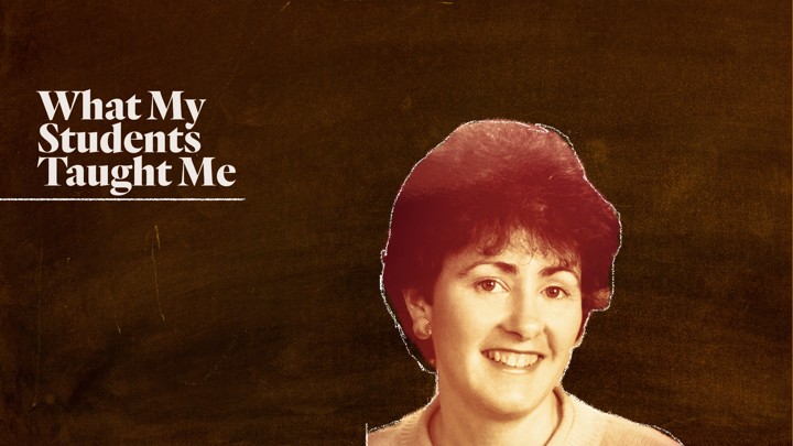 A custom illustration featuring an old photo of the teacher, Chris Zajac, who in an audio clip reflects on a troubled student she once had