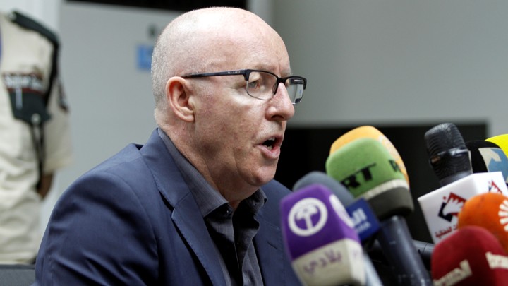 UN Humanitarian Coordinator Jamie McGoldrick speaks about the epidemic at a news conference in Sanaa on July 6, 2017.