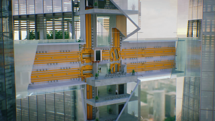 A design model for an elevator that can move vertically and horizontally to connect buildings.