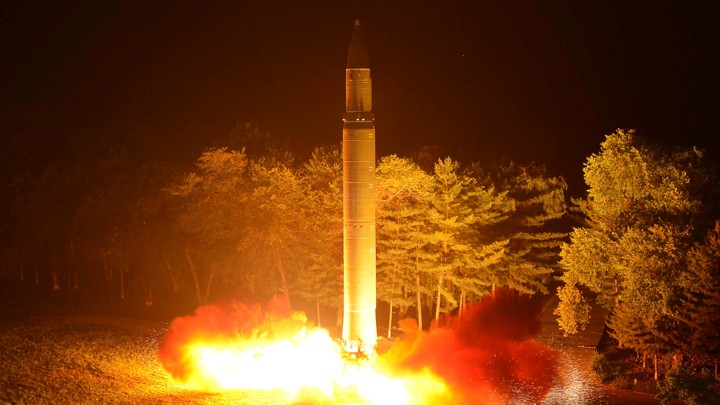 North Korea's second ICBM, the Hwasong-14, is pictured during a test fire on July 29, 2017.