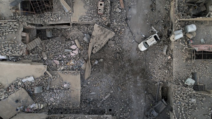 An aerial view of a destroyed street on the west side of Mosul, Iraq