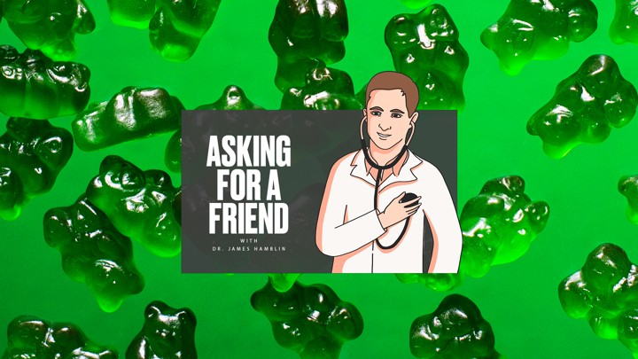 A cartoon doctor puts a stethoscope to his own chest in front of a background of green gummy bears.