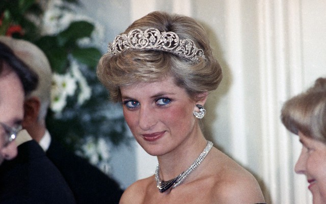 Diana, Princess of Wales, in a diamond tiara and black dress during a reception in Bonn, Germany, in 1987