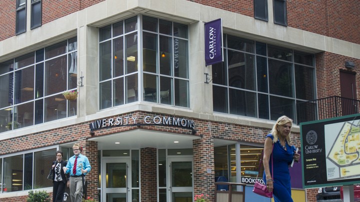 A building on the Carlow University campus with a sign that reads University Commons.