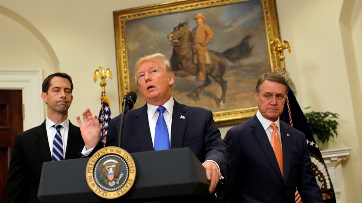 President Trump, Senator Tom Cotton, and Senator David Perdue at an announcement