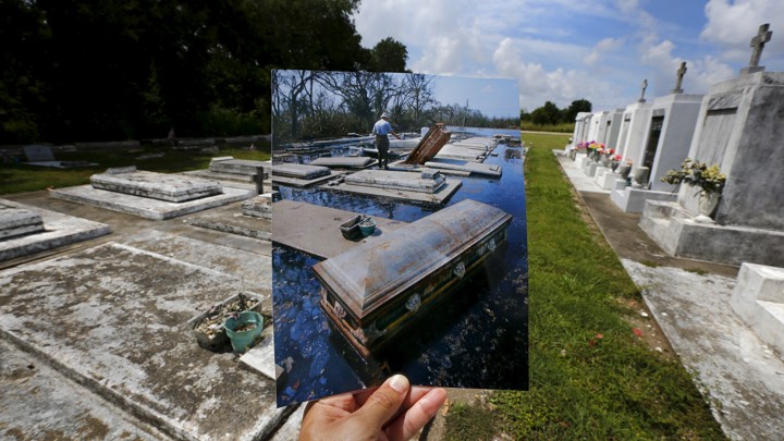 A photograph taken in New Orleans in 2005, matched up at the same location 10 years later