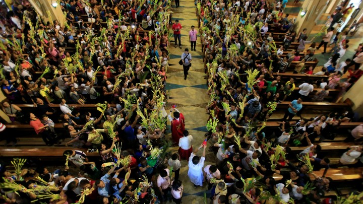 Priests sprinkle holy water on worshippers in church during Palm Sunday mass.