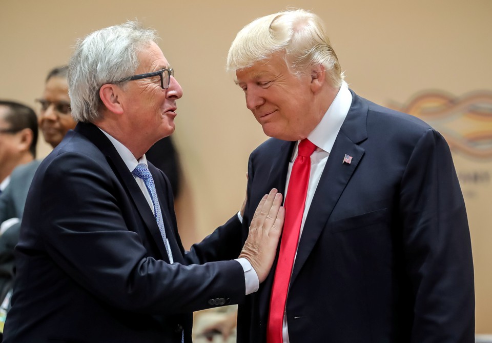 President Trump and European Commission President Jean-Claude Juncker pictured at the G-20 summit in Hamburg, Germany on July 8, 2017. 