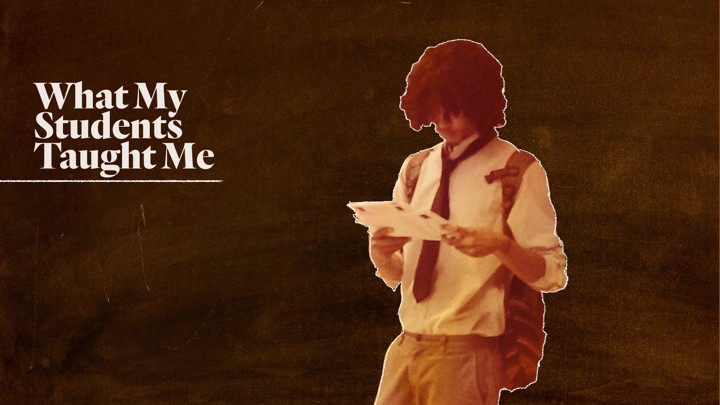 A custom illustration featuring Kayshaun Brown when he was in high school superimposed on the image of a chalkboard