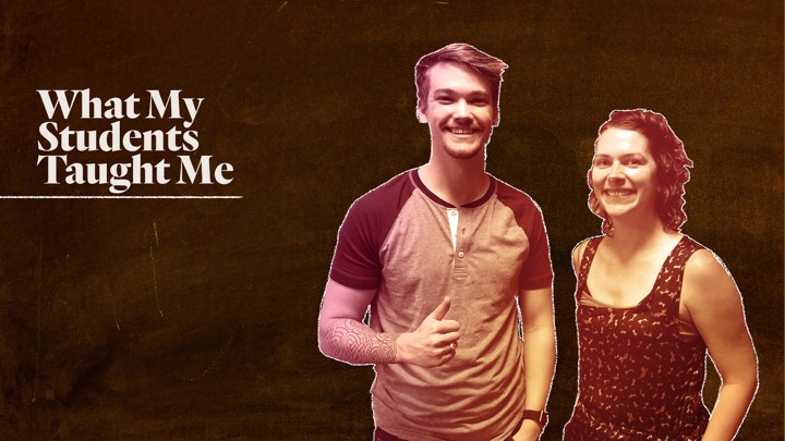 A custom illustration featuring Ashley Lamb-Sinclair and Connor Cummings superimposed on the image of a chalkboard.
