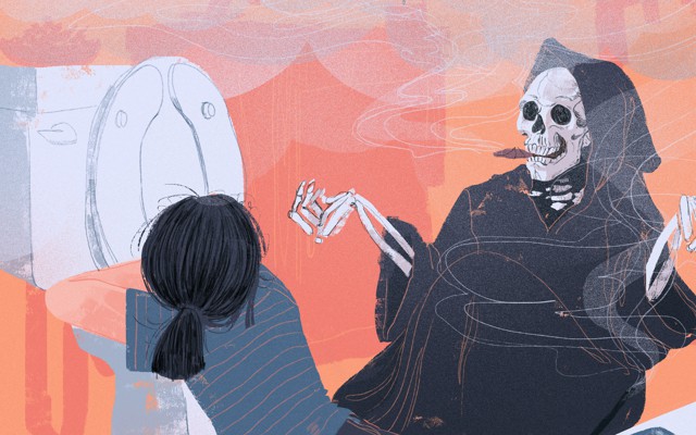 A skeleton smokes a joint while a person crouches over a toilet.