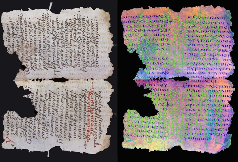 Two photos of the same pages from an ancient manuscript. The left is a normal image. The right is a special composite image that illuminates underlying erased words. 