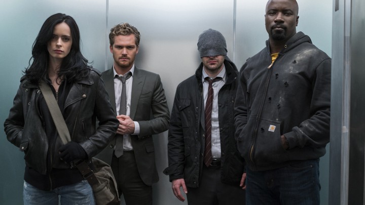 Jessica Jones (Krysten Ritter), Iron Fist (Finn Jones), Daredevil (Charlie Cox), and Luke Cage (Mike Colter)