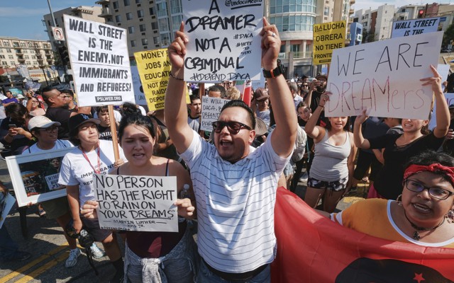Protesters rally in support of the Deferred Action for Childhood Arrivals, or DACA, during a Labor Day rally in downtown Los Angeles on September 4.