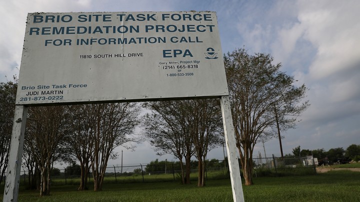 A sign at the Brio Superfund site on September 4, 2017, in Friendswood, Texas