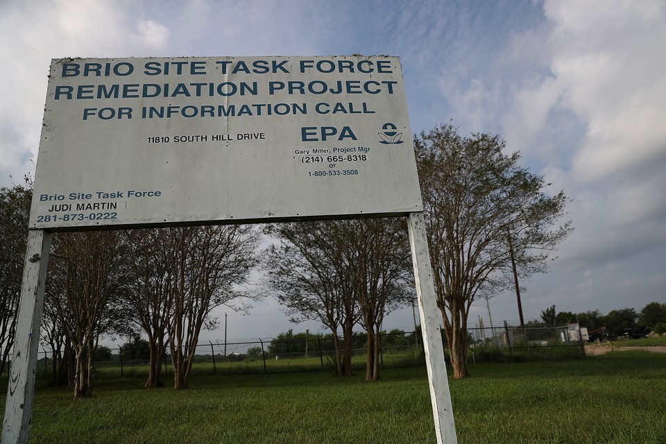 A sign at the Brio Superfund site on September 4, 2017, in Friendswood, Texas