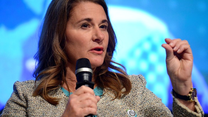 Melinda Gates speaks into a microphone.