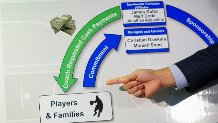 The acting U.S. attorney for the Southern District of New York gestures at a diagram describing a kickback scheme during a press conference.