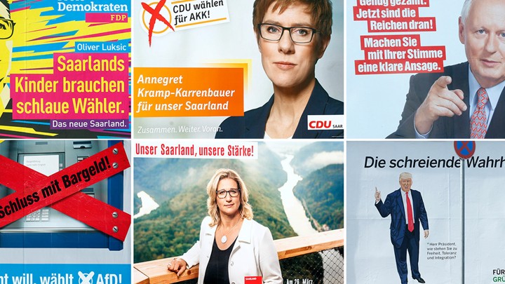 Election placards from FDP, CDU, Die Linke, AfD, SPD, and the Greens pictured in Saarbruecken, Germany on March 13, 2017