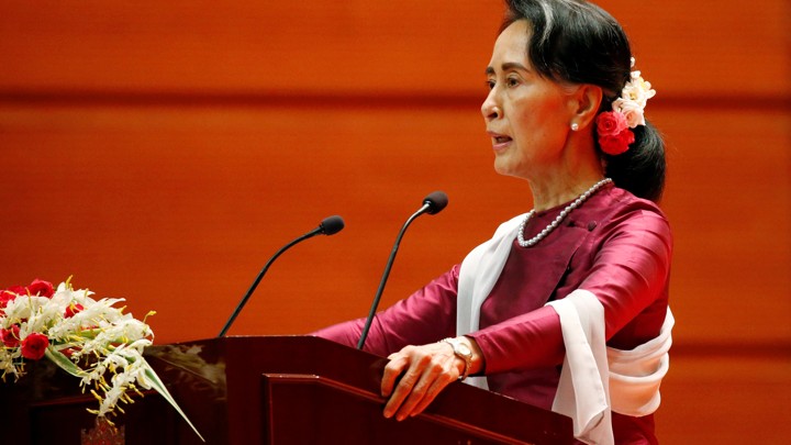 Aung San Suu Kyi delivers a speech.