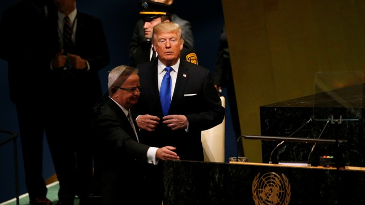 President Donald Trump steps up to deliver his address to the United Nations General Assembly.