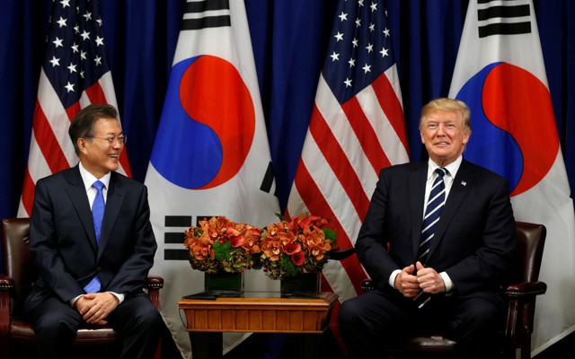 President Trump and South Korean President Moon Jae-in smile