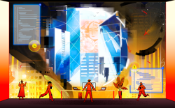 Cartoonish figures interact with the world through code.