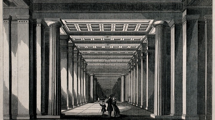 Illustration of a family standing in the west wing of the British Museum