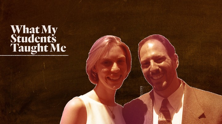 A custom illustration featuring Matt Weiss and Kate Schelbe superimposed on the image of a chalkboard.