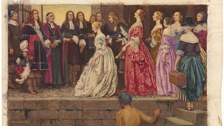 Several young women being received by noblemen