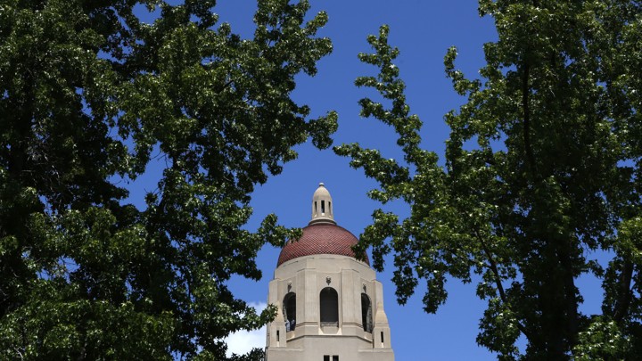 The top of a building, surrounded by trees