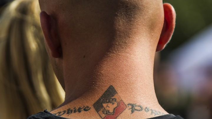 White power tattoo is seen at a far-right festival in the village of Viereck, north of Berlin.