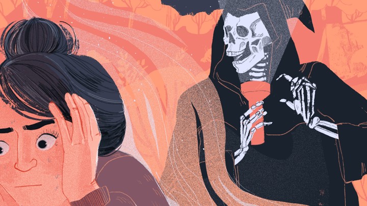 The Grim Reaper shines a flashlight on its face in a forest and scares a woman.