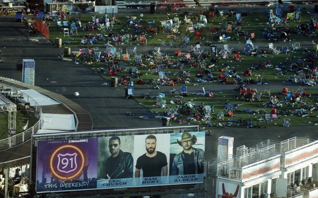 Debris litters a festival grounds across the street from the Mandalay Bay resort and casino.