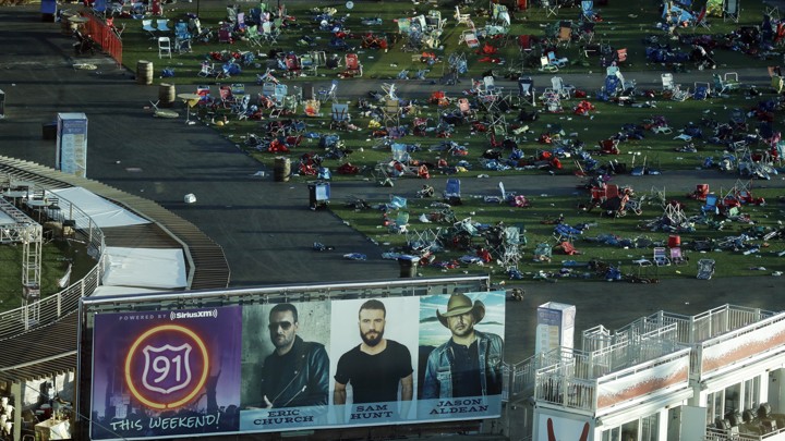 Debris litters a festival grounds across the street from the Mandalay Bay resort and casino.