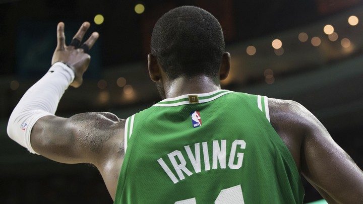 An image of the back of the Boston Celtics' Kyrie Irving during a game