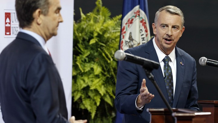 Ed Gillespie, a Virginia gubernatorial candidate, gestures at opponent Ralph Northam