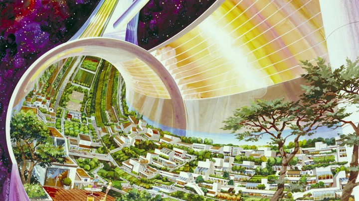 A drawing of a tube in space filled with homes and trees, a futuristic illustration of life off-earth made in 1975