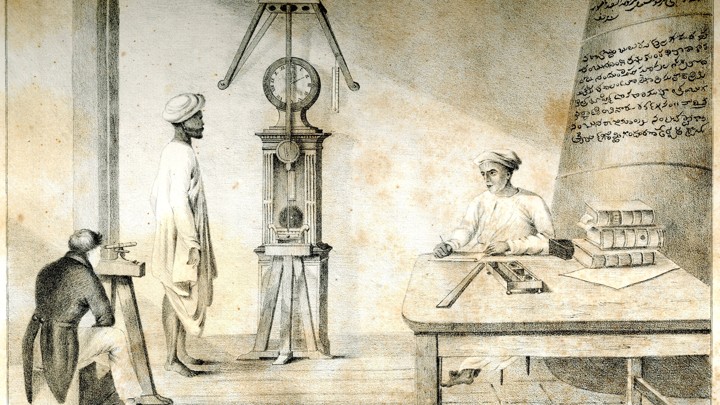 European and Indian men use 19th-century astronomical and scientific instruments.