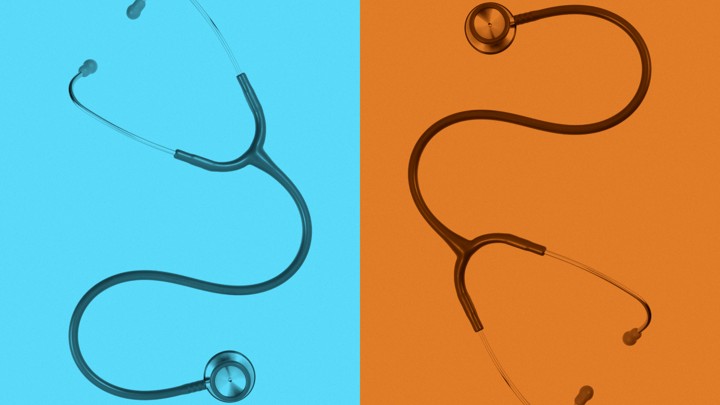 Two stethoscopes side by side, shaded in blue and orange